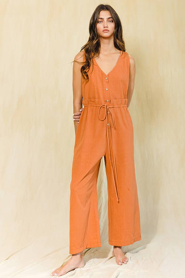 Sleeveless Elastic Waist And Tie Solid Jumpsuit- RUST