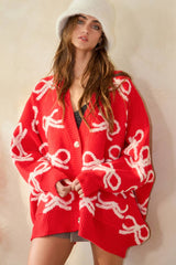 Oversized Ribbon Pullover Sweater Cardigan: CREAM/PINK