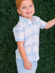 Boys Light Blue Windowpane Short Sleeve Button Down Shirt