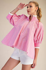 Mock Neck Band Puff Sleeve Blouse