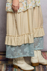 Shirt Neck Crochet Floral Lace Ruffle Rayon Maxi Dress