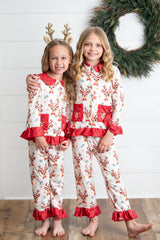 Kids Reindeer Pocket Button Holiday Lounge Play Ruffle Set