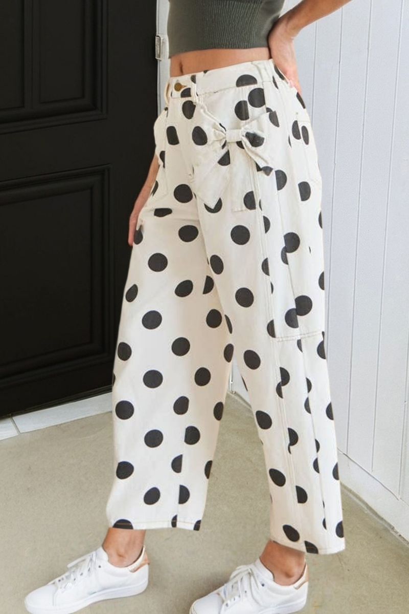 NEW Polka Dot Print Bow Pocketed Denim Pants