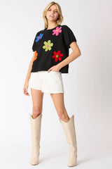Multi Color Flower Trim Short Puff Sleeve Top