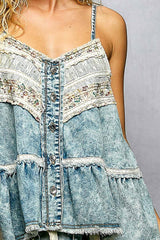 Double Gauze Denim Lace Patch Outseam Round Neck Sleeveless