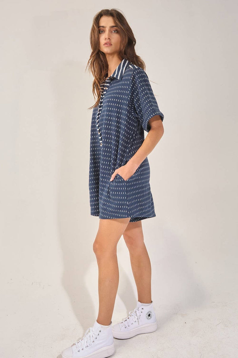 Dash Dot Print Fabric Collared Neck Romper: Dark navy