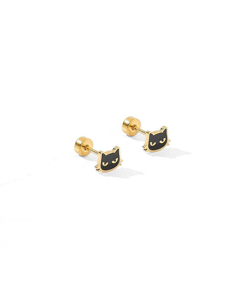 Screwback Stud Earrings - Black Cat