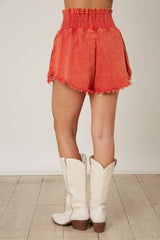 Washed Denim Smocked Shorts