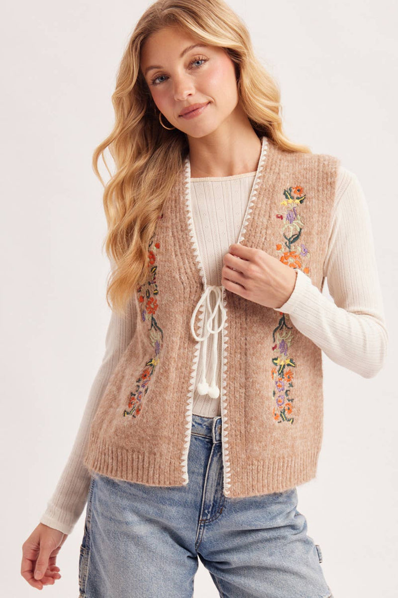 VINTAGE EMBROIDERED SELF-TIE FRONT KNIT VEST