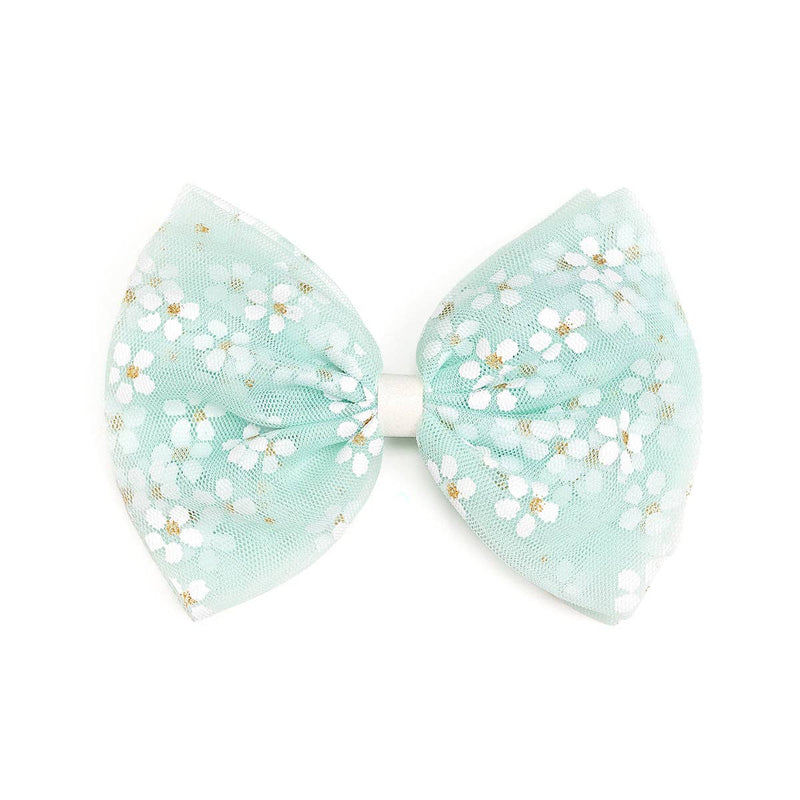 Aqua Ditsy Daisy Easter Tulle Bow Clip - Kids Hair