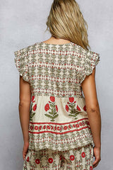 V-Neck Floral Pattern Ruffle Sleeve top and pant set