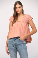 SHIRRED DETAIL SIDE TIE CAP SLV TOP-CORAL PINK