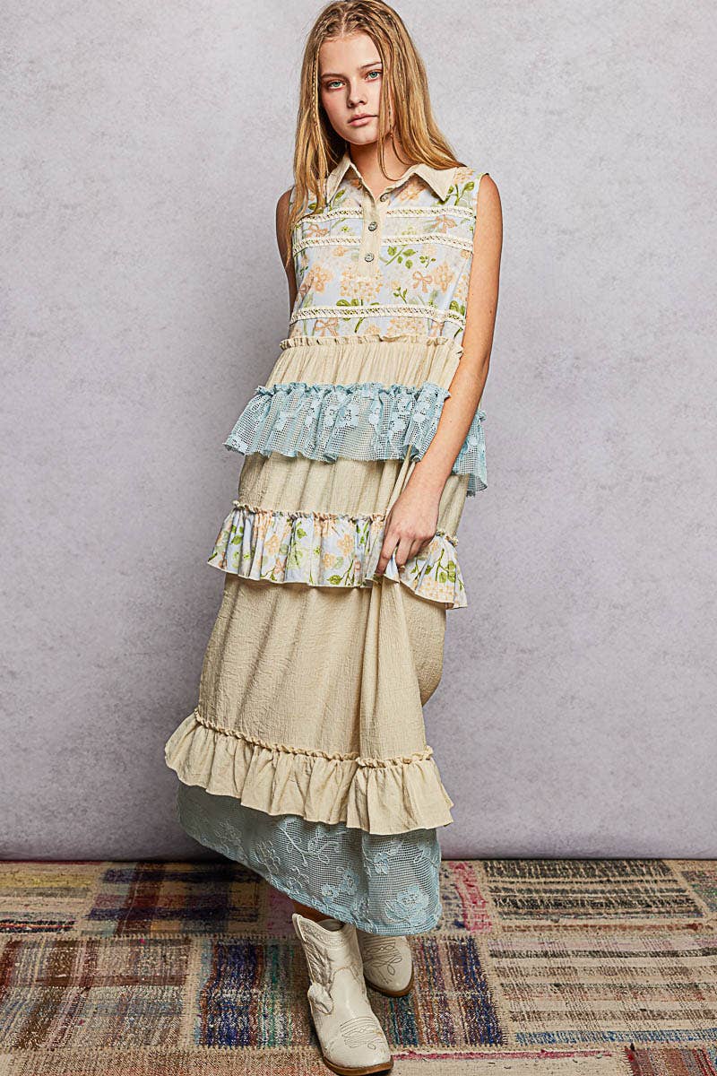 Shirt Neck Crochet Floral Lace Ruffle Rayon Maxi Dress