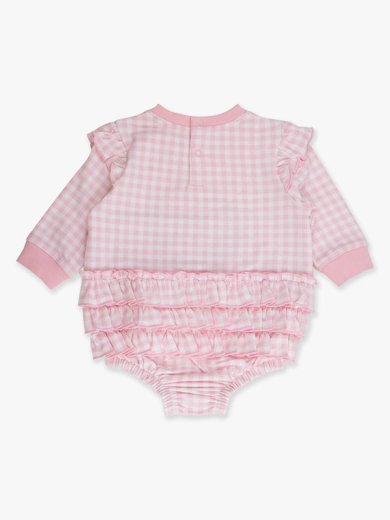 Baby Girls Dear Santa Pink Gingham Applique Sweatshirt Bubble Romper