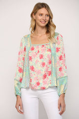 LACE INSERT MIXED PRINT SQUARE NECK TOP