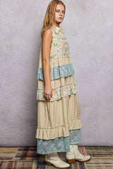 Shirt Neck Crochet Floral Lace Ruffle Rayon Maxi Dress