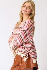 Poly Multi Color Stripe Loose Fit Raw Edge Sweater