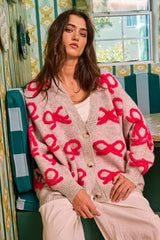 Oversized Ribbon Pullover Sweater Cardigan: CREAM/PINK
