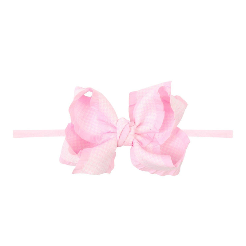 1/4" PANTYHOSE HEADBAND W/ DOUBLE RUFFLE HOUNDSTOOTH BOW: Light Pink / 3.5" Medium
