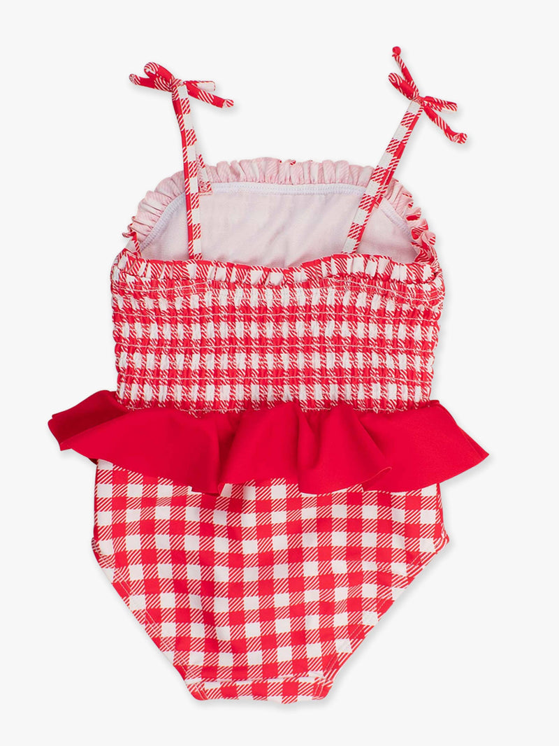 Girls Vintage Red Gingham Peplum Smocked Bodice One Piece