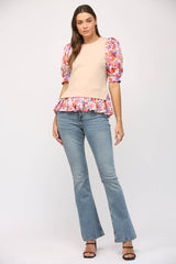 CONTRAST WOVEN SLV & HEM CREW NECK SWEATER