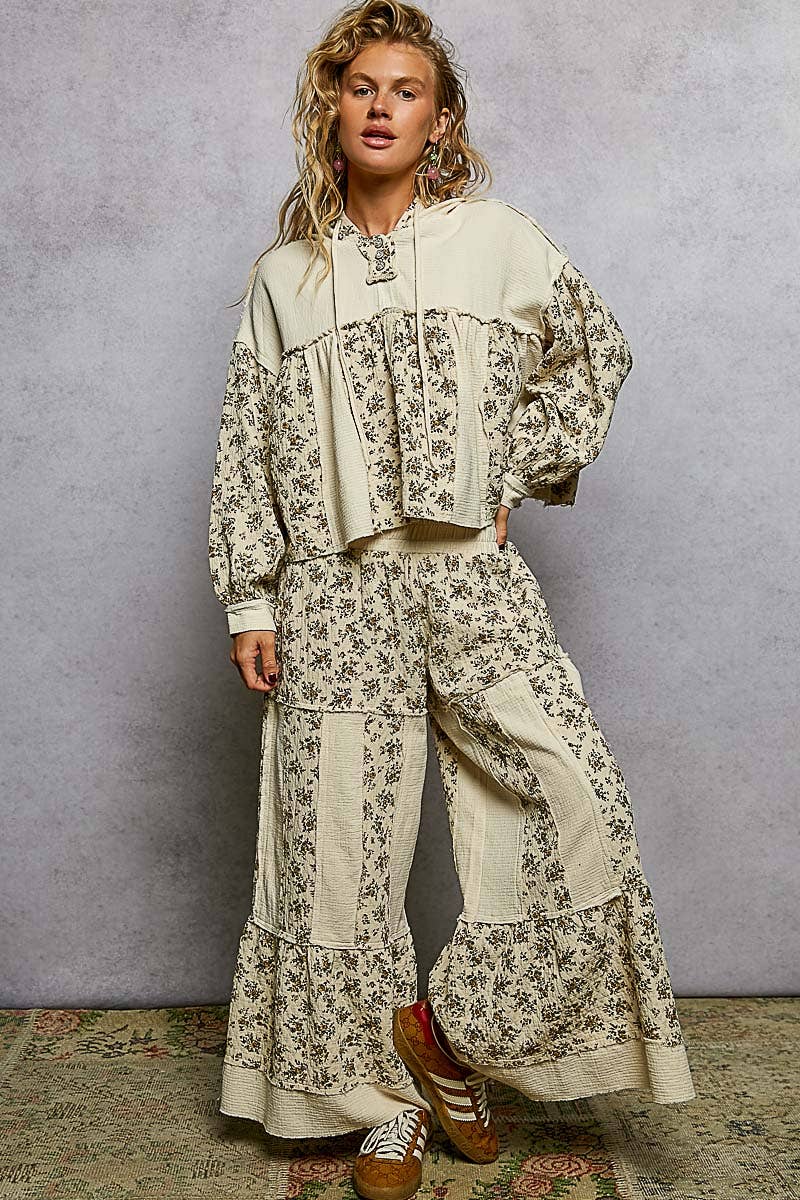 Vintage Washing Double Gauze Floral Printed Hoodie Top with matching pants