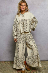 Vintage Washing Double Gauze Floral Printed Hoodie Top with matching pants