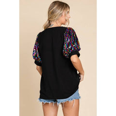Sequins Puff Sleeves Top: BLACK / S