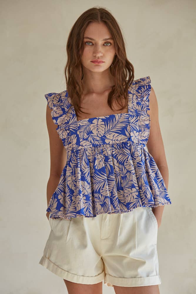 Cotton Square Neck Ruffle Sleeve Flare Top