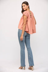 SHIRRED DETAIL SIDE TIE CAP SLV TOP-CORAL PINK