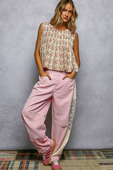 Round Neck Double Gauze Pintuck Floral Sleeveless Top