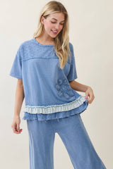 Mineral Washed Flower patched Frilled Ruffle top and pant Set