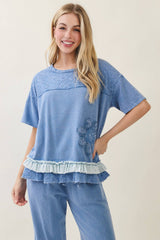 Mineral Washed Flower patched Frilled Ruffle top and pant Set