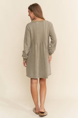 Pleated Round Neck Long Sleeve Sweater Dress