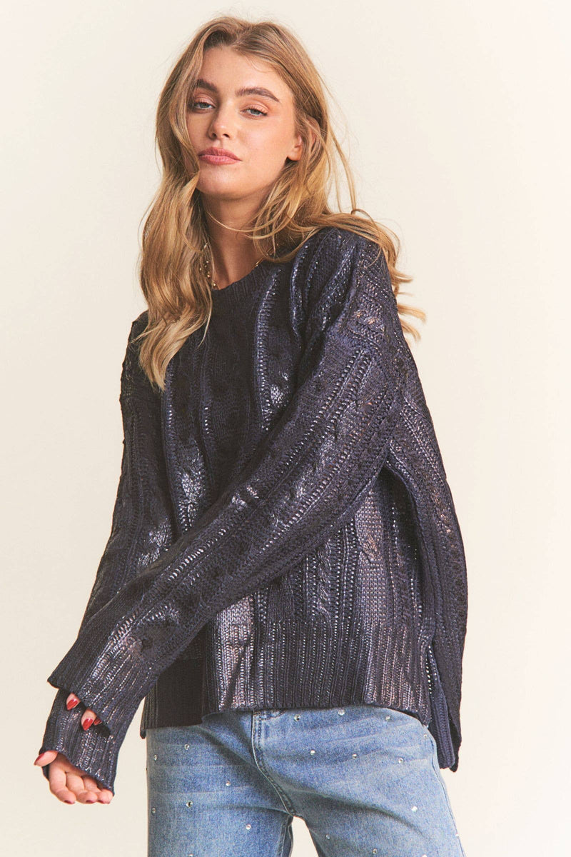 Cire Fabric Knit Round Neck Sweater