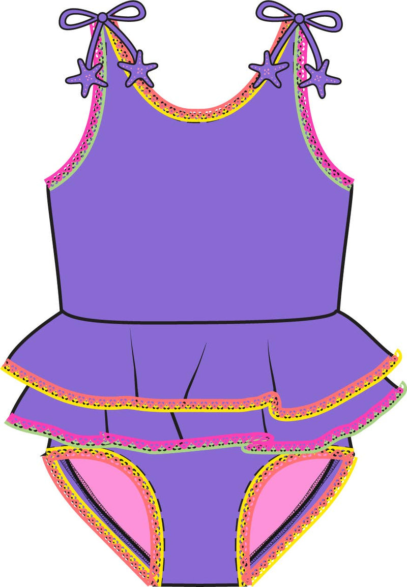 Girls Neon Purple Crochet Detail Peplum One Piece Swimsuit