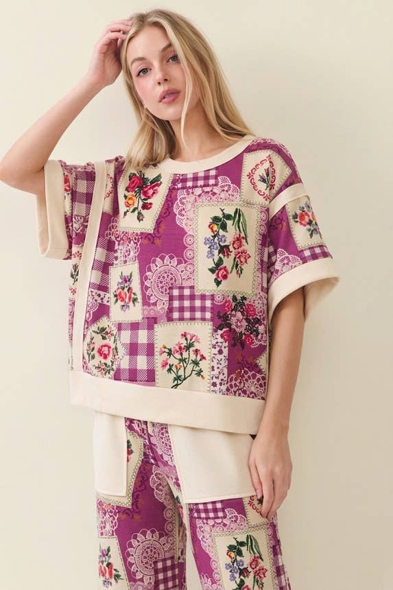 Rosy Nostalgia Terry crewneck top with matching crop pant