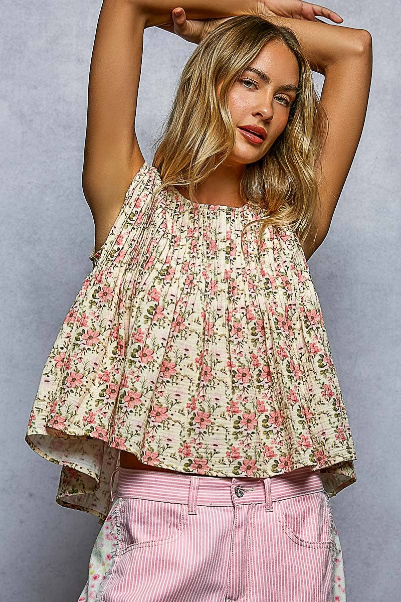 Round Neck Double Gauze Pintuck Floral Sleeveless Top