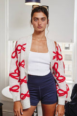 Oversized Ribbon Pullover Sweater Cardigan: CREAM/PINK