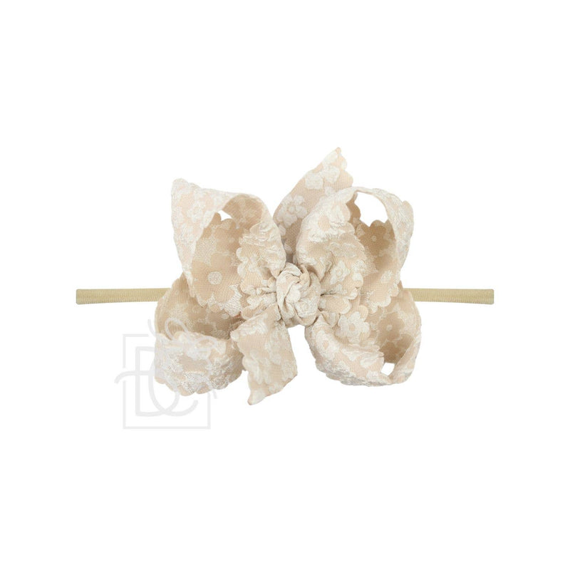 1/4" PANTYHOSE HEADBAND W/ SCALLOPED EDGE LACE FLOWER BOW: 3.5" Medium