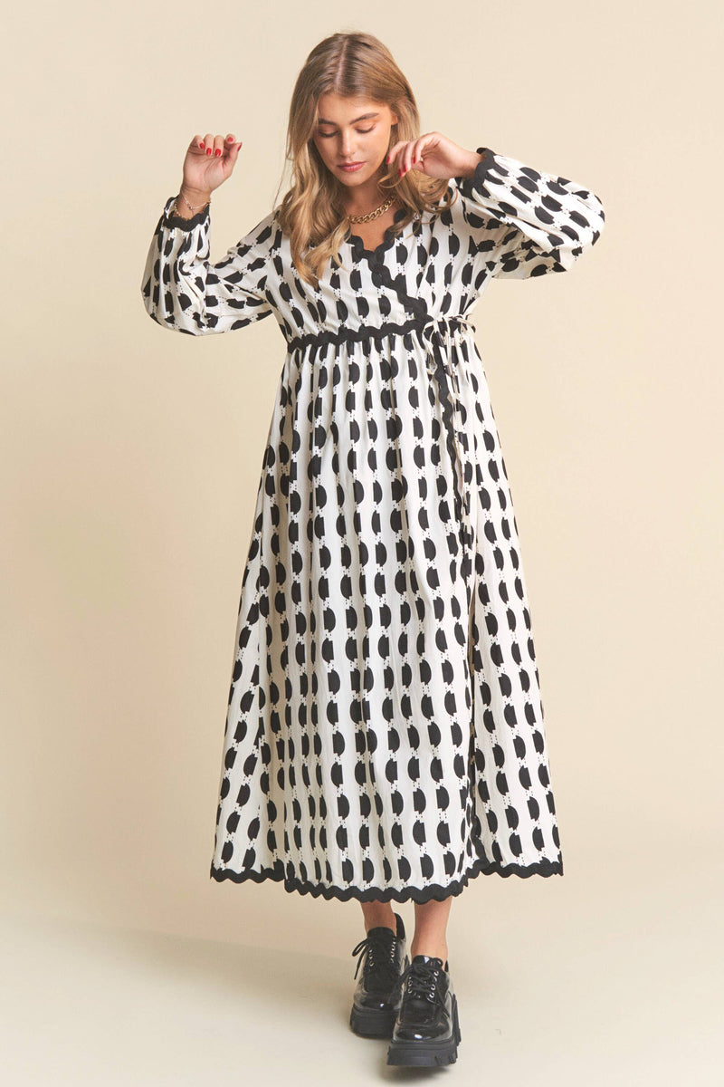 Spots Pattern Wavey Trim Midi Dress