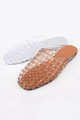 Transparent Woven Jelly Mule Flats: BROWN