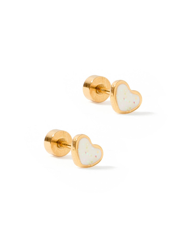 Screwback Stud Earrings - Nora Heart - White