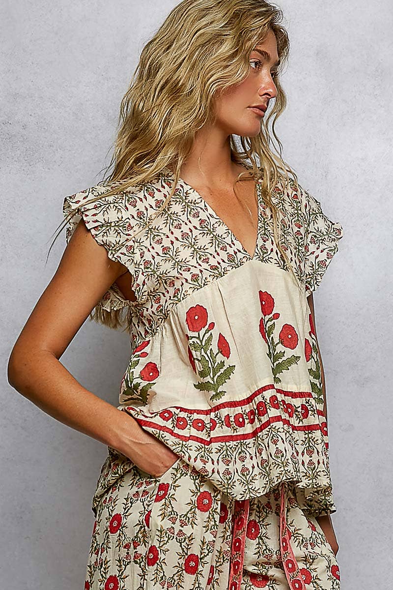 V-Neck Floral Pattern Ruffle Sleeve top and pant set