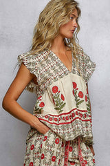 V-Neck Floral Pattern Ruffle Sleeve top and pant set