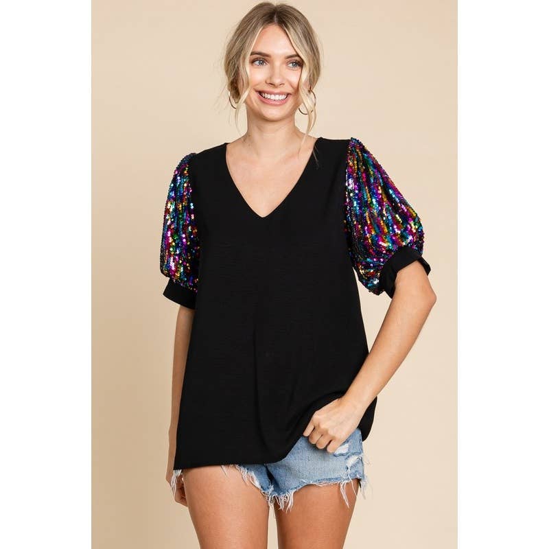Sequins Puff Sleeves Top: BLACK / S
