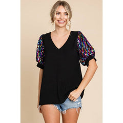 Sequins Puff Sleeves Top: BLACK / S