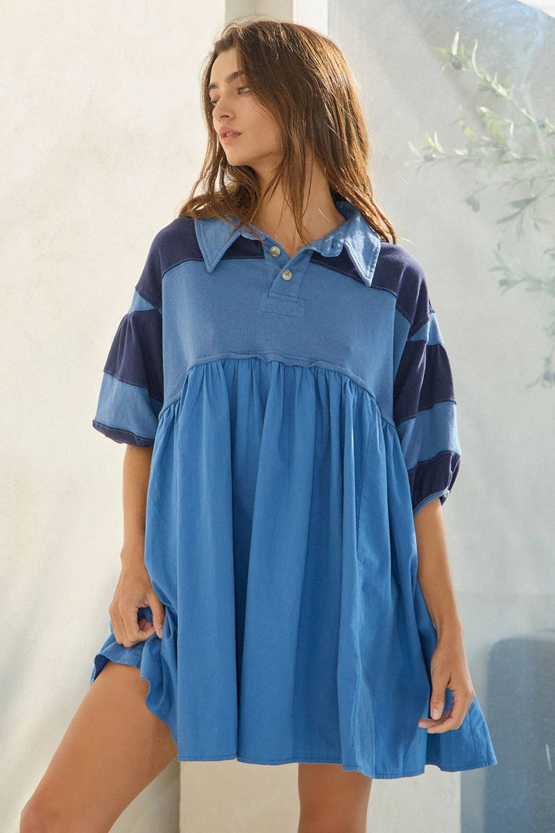 Billowy Shapeless Silhouette Rugby Mini Dress: Denim blue