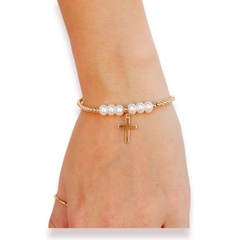 Cross + Pearl Gold Charm Bracelet: Extended 7.25 inch