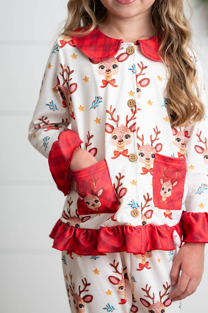 Kids Reindeer Pocket Button Holiday Lounge Play Ruffle Set